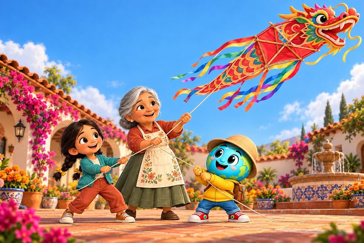 Luna, la Abuela Rosa y Wou vuelan un papalote de dragón