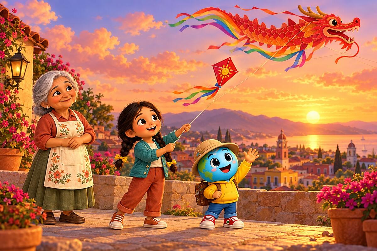 Luna y Wou al atardecer con el papalote de dragón